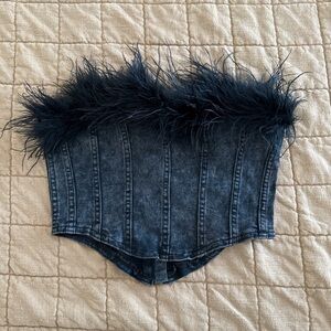 Denim Corset Top with Feather Trim